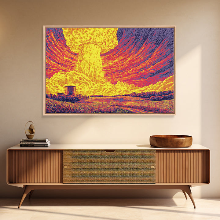 Fiery Atomic Mushroom Cloud Canvas Print, Nuclear Landscape Poster, Retro Sci Fi Wall Decor, Midcentury Modern Art Print