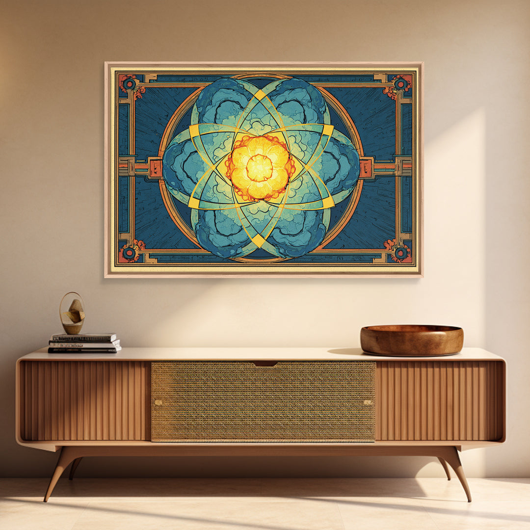 Ornate Atomic Explosion Framed Canvas Print, Art Deco Science Poster, Geometric Wall Art Decor, Midcentury Modern Print Gift