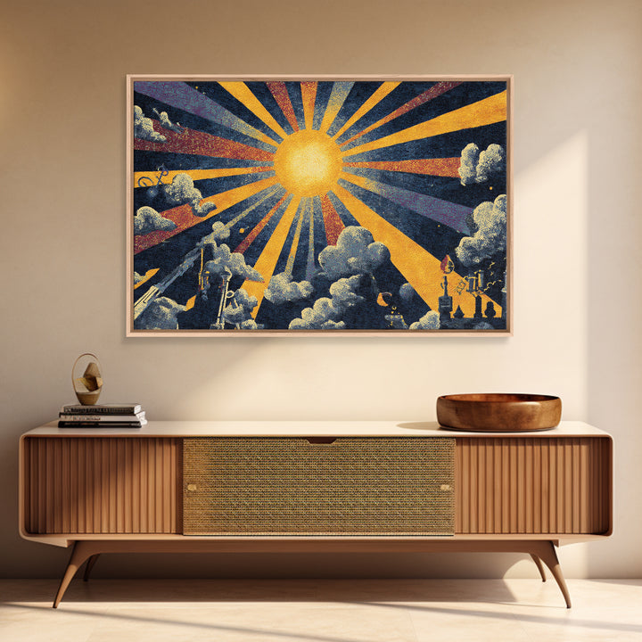 Golden Sunburst Cloud Wall Art, Retro Art Deco Poster, Midcentury Modern Home Decor, Atomic Celestial Canvas Print Gift Idea