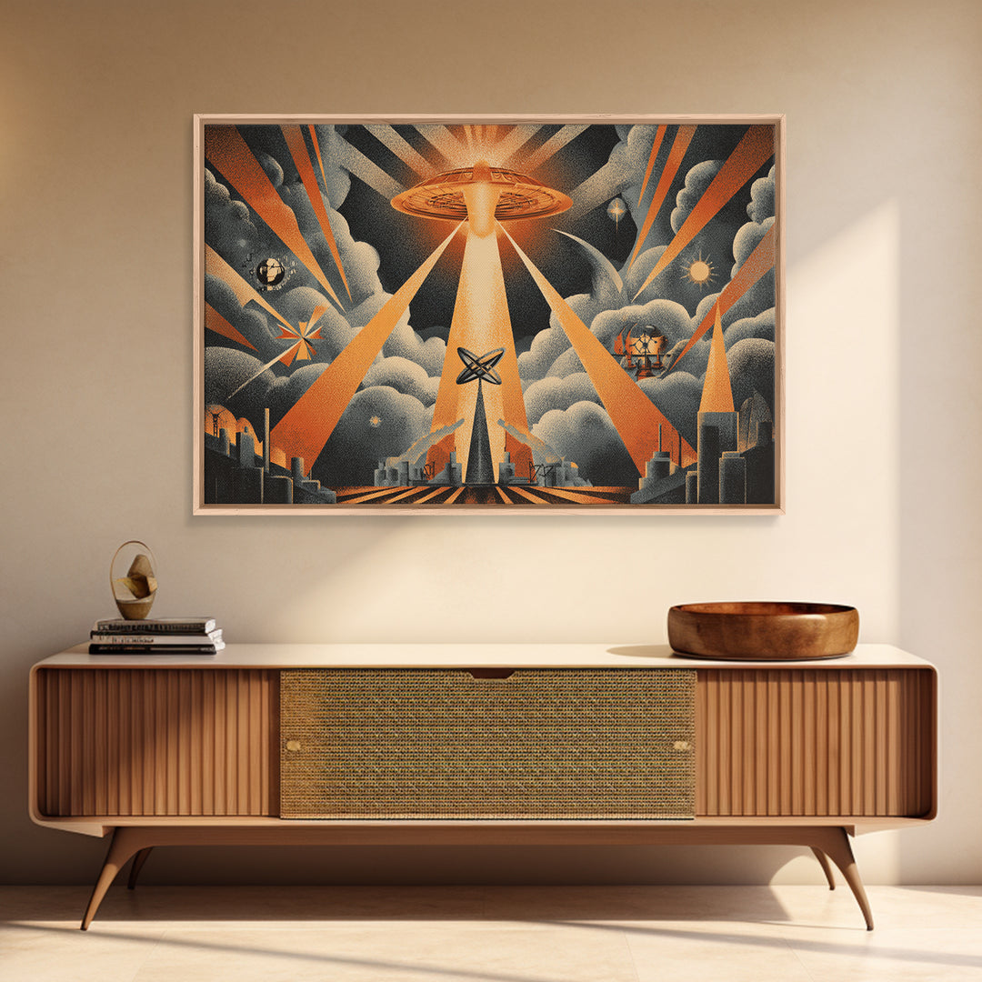 UFO Beam Over City Canvas Print, Retro Sci Fi Poster, Atomic Space Wall Art, Midcentury Modern MCM Decor, Orange Rays Print