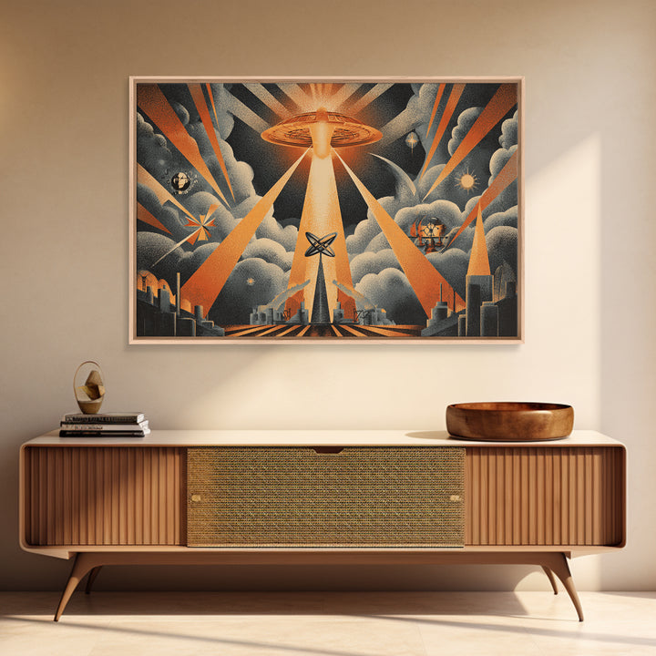 UFO Beam Over City Canvas Print, Retro Sci Fi Poster, Atomic Space Wall Art, Midcentury Modern MCM Decor, Orange Rays Print