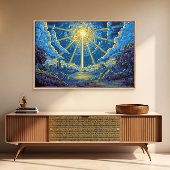 Blue Celestial Sunburst Sky Wall Art, Dreamy Cosmic Landscape Poster, Midcentury Modern Decor, Retro Spiritual Art Print
