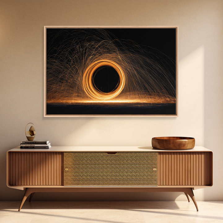Orange Black Hole Light Trails Wall Art, Modern Abstract Art Print, Cosmic Retro Decor, Home Office Art, Framed Canvas Print