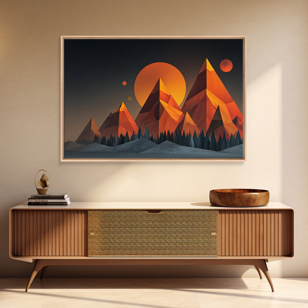 Orange Planet Pyramid Mountains Framed Canvas Print, Retro Futuristic Wall Art, Geometric Sci Fi Poster, MCM Home Decor Print