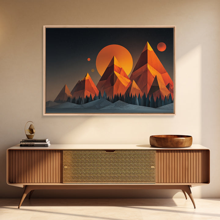 Orange Planet Pyramid Mountains Framed Canvas Print, Retro Futuristic Wall Art, Geometric Sci Fi Poster, MCM Home Decor Print