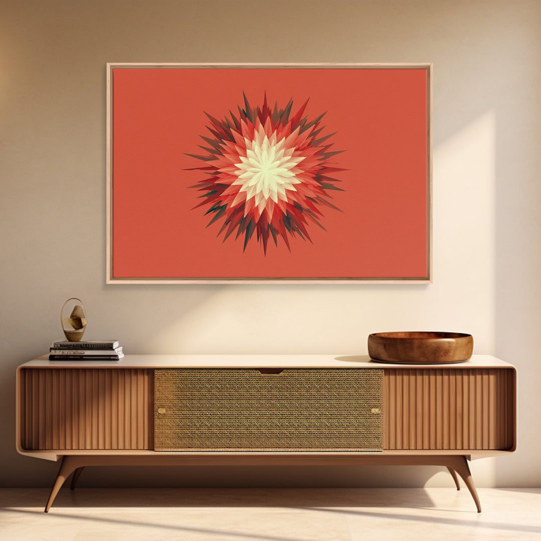 Layered Red Starburst Canvas Print, Midcentury Modern Art, Atomic Geometric Poster, Orange Retro Wall Decor For Living Room