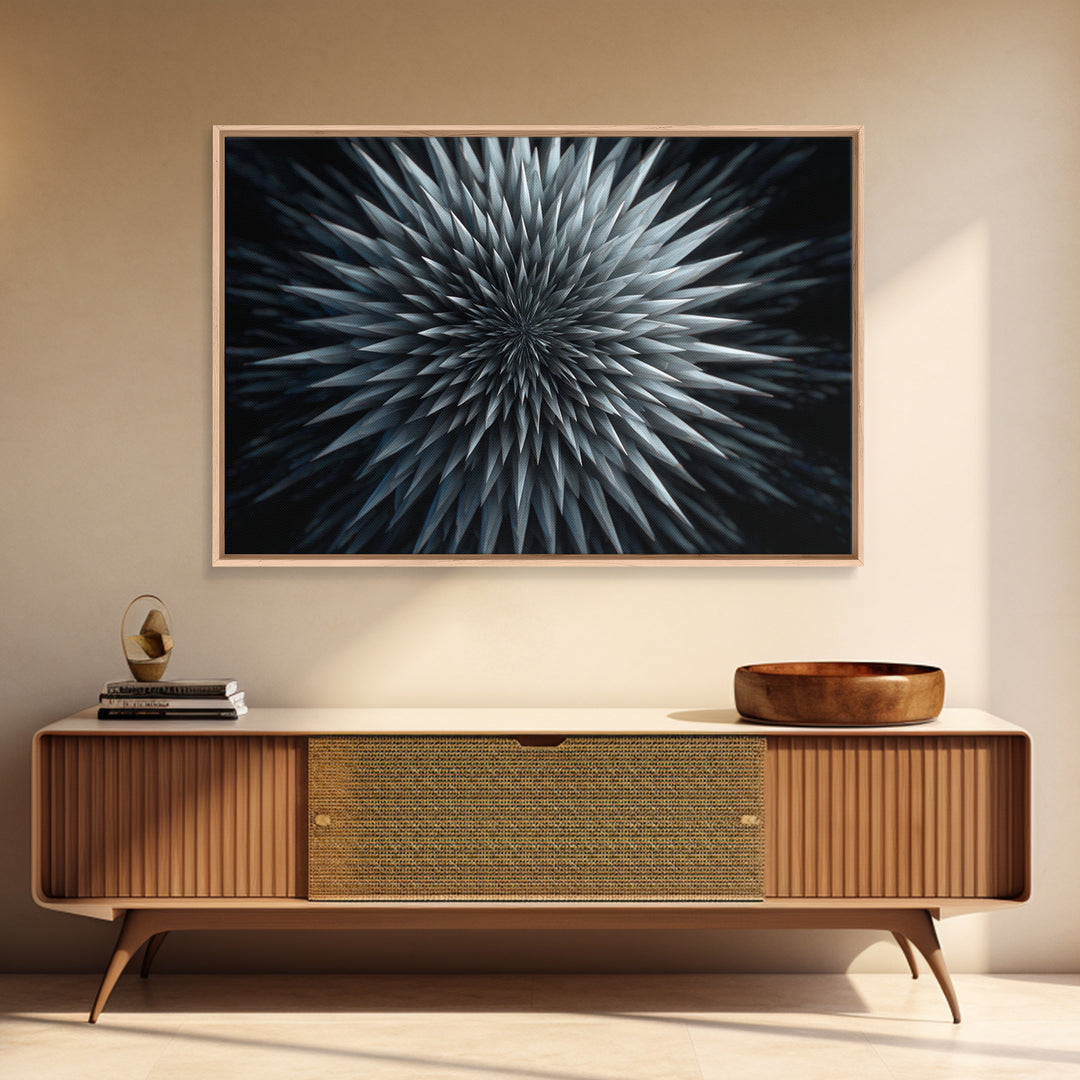 Metallic Crystal Starburst Framed Canvas Print, Modern Abstract Art, Geometric Wall Decor, Black Blue Statement Art Poster