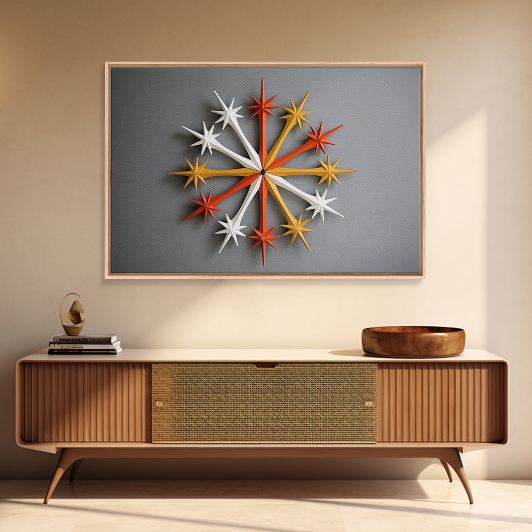 Atomic Star Wall Sculpture Wall Art, Midcentury Modern Home Decor Print, Retro 50s Space Age Poster, Orange Yellow Gray MCM