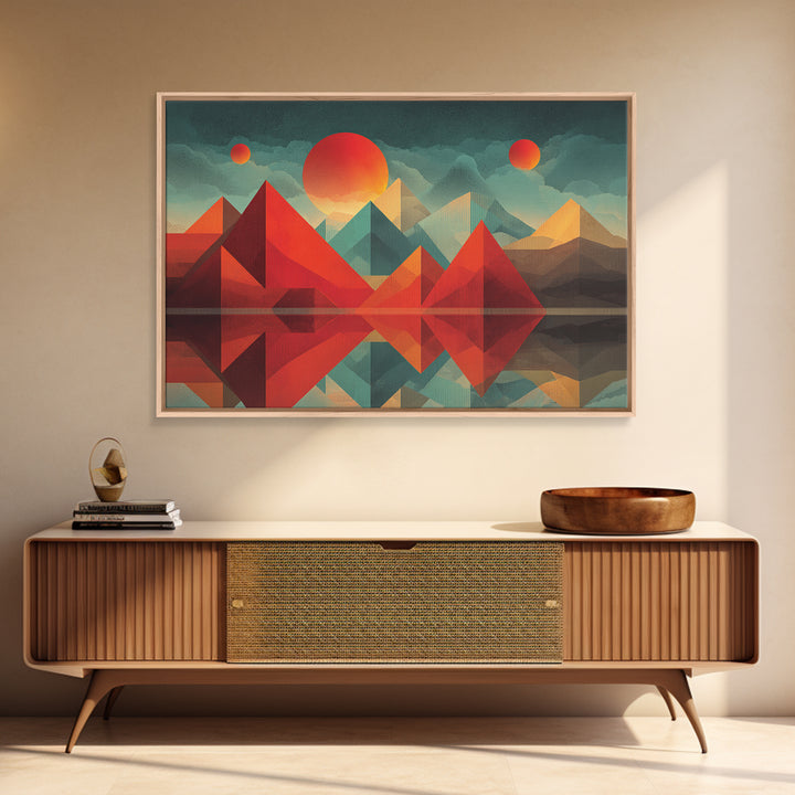 Geometric Red Pyramid Mountains Reflection Wall Art, Midcentury Modern Abstract Landscape, Retro MCM Decor, Canvas Print