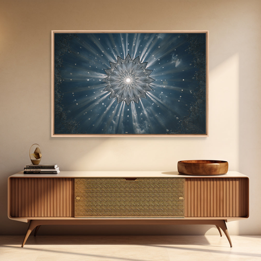 Radiant Blue Celestial Mandala Starburst Wall Art, Midcentury Modern Art Print, Atomic Retro Home Decor, Framed Canvas Print