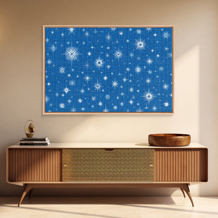 Blue Blueprint Atomic Starburst Wall Art, Midcentury Modern Art Print, Retro Geometric Pattern, Office Decor Canvas Print