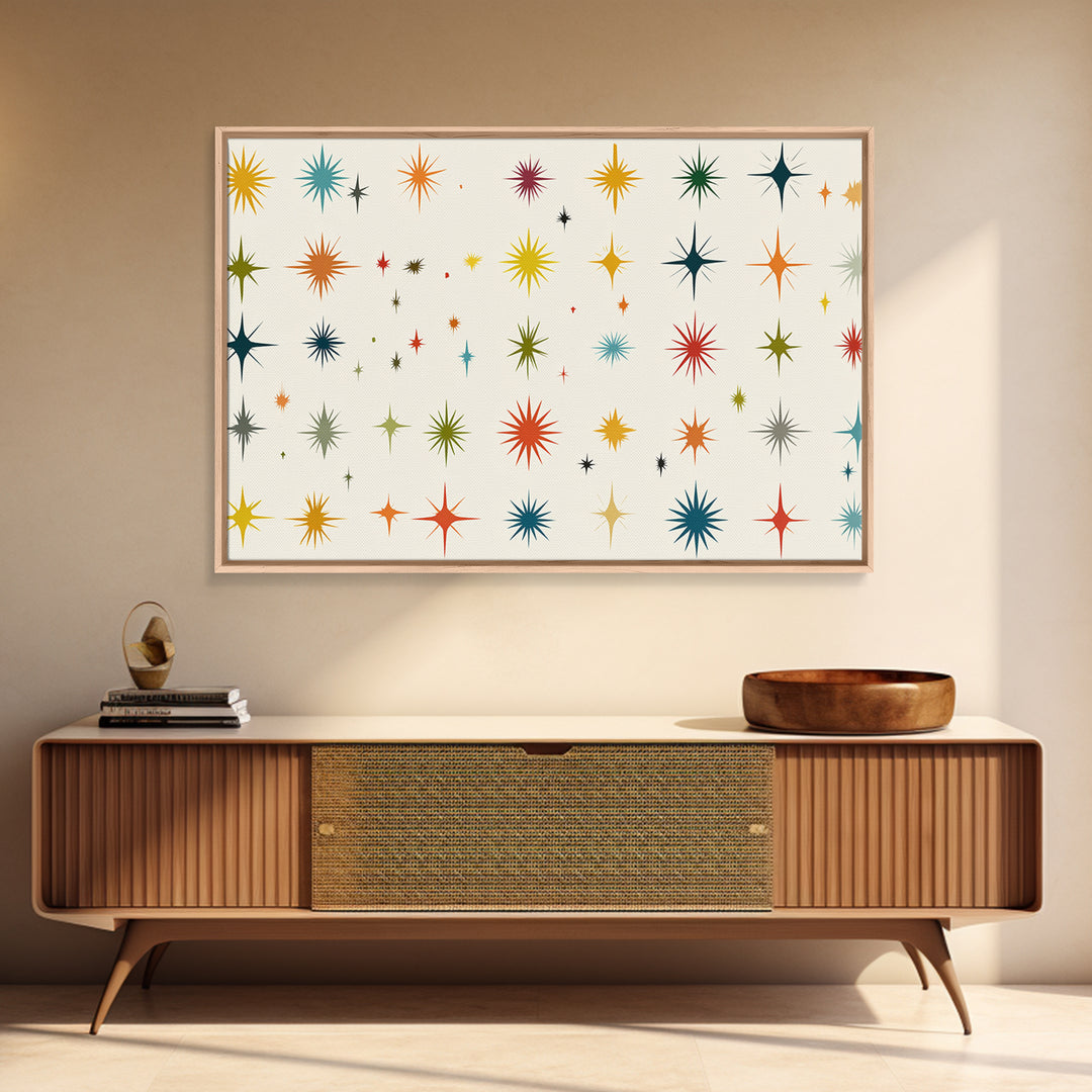 Cream Atomic Starburst Pattern Wall Art, Midcentury Modern Print, Retro 50s Colorful Home Decor, MCM Framed Canvas Print