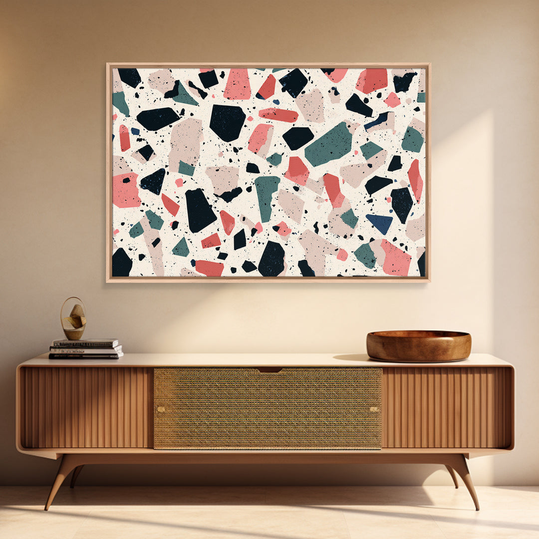 Coral Teal Terrazzo Abstract Wall Art, Midcentury Modern Art Print, Retro Geometric Pattern Home Decor, Framed Canvas Print