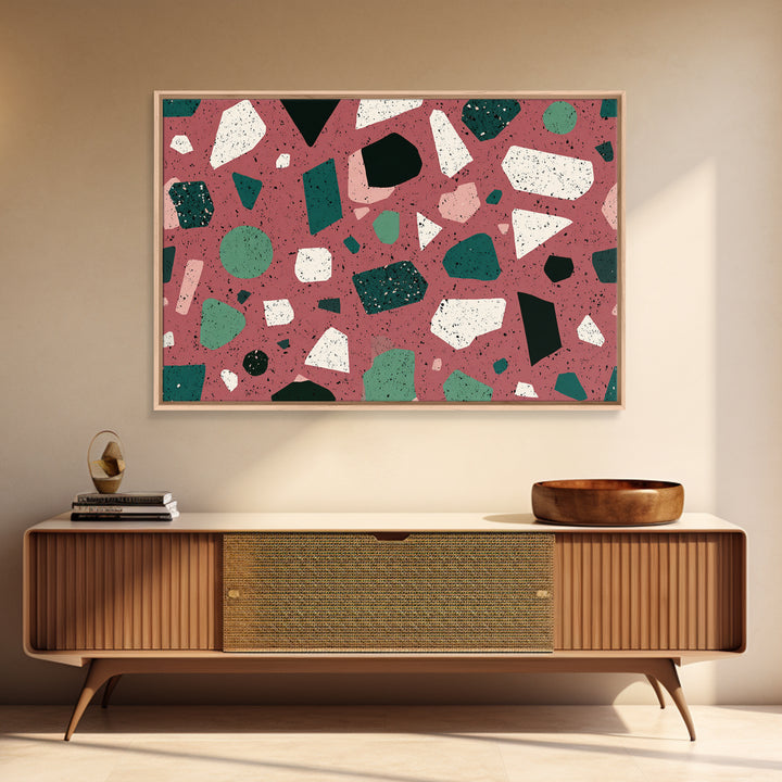 Rose Green Terrazzo Abstract Wall Art, Midcentury Modern Print, MCM Retro Geometric Pattern Home Decor, Framed Canvas Print