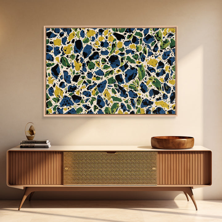 Blue Green Pebble Terrazzo Wall Art, Midcentury Modern Art Print, Abstract Geometric Pattern, Large Canvas Print, Retro MCM Home Decor