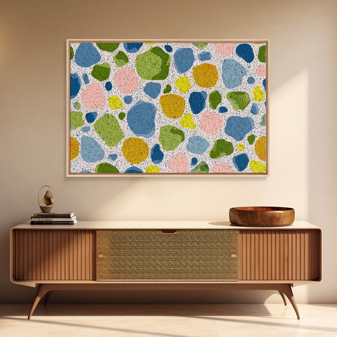 Pastel Pebble Terrazzo Abstract Wall Art, Midcentury Modern Art Print, MCM Colorful Geometric Decor, Framed Canvas Print