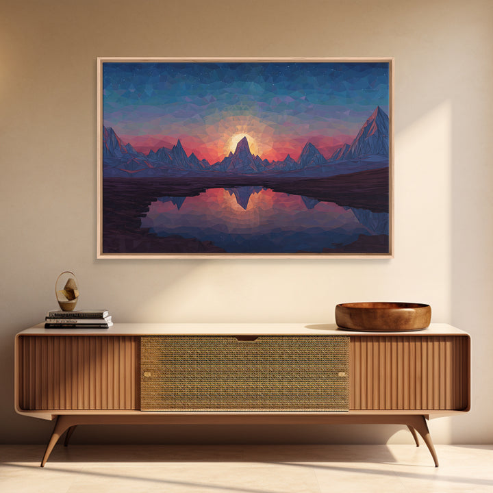 Low Poly Alpine Mountain Sunset Wall Art, Blue Lake Reflection Landscape, Modern Geometric Print, Scenic Home Office Decor