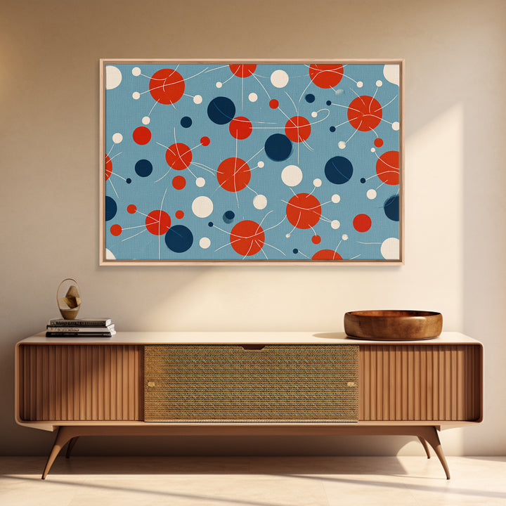 Blue Red Atomic Circles Wall Art, Midcentury Modern Art Print, Retro Space Age Pattern, MCM Living Room Canvas Print Decor