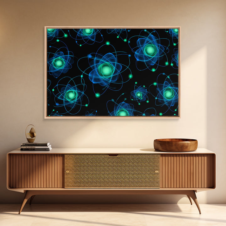 Glowing Blue Green Atomic Orbit Pattern Wall Art, Mid Century Modern Decor, Retro Sci Fi Poster, MCM Wall Decor, Geometric Art Print