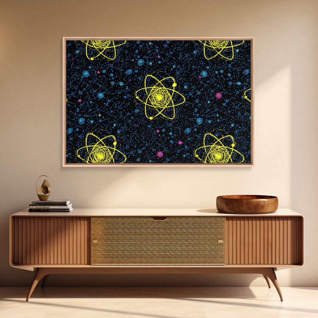 Yellow Atom Starfield Pattern Wall Art, Mid Century Modern Decor, Retro Space Poster, Atomic Art Print, Cosmic Sci Fi Wall Decor