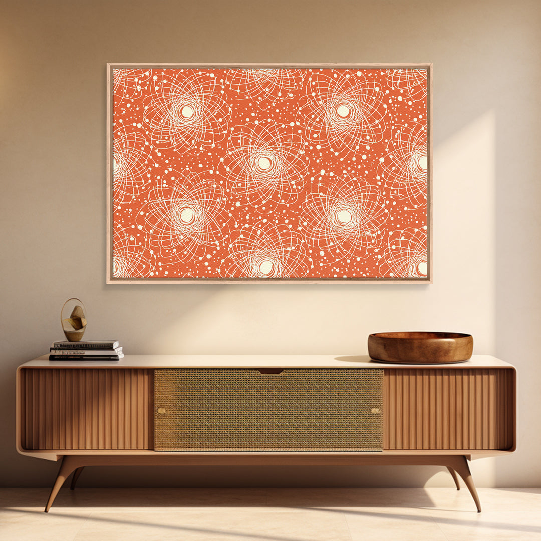 Orange White Atomic Orbit Pattern Canvas Print, Mid Century Modern Decor, Retro Science Poster, Geometric Wall Art, MCM Home Decor