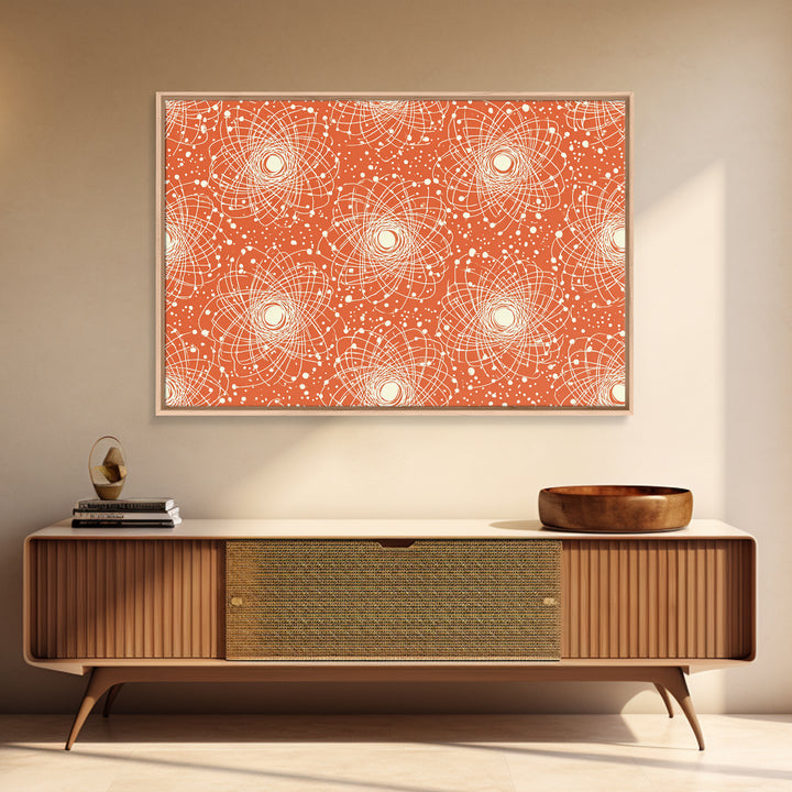 Orange White Atomic Orbit Pattern Canvas Print, Mid Century Modern Decor, Retro Science Poster, Geometric Wall Art, MCM Home Decor