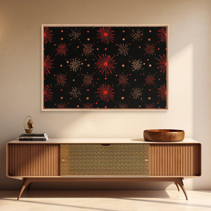 Red Gold Atomic Starburst Pattern Wall Art, Mid Century Modern Decor, Retro 1950s Poster, Black Wall Decor, MCM Geometric Art Print
