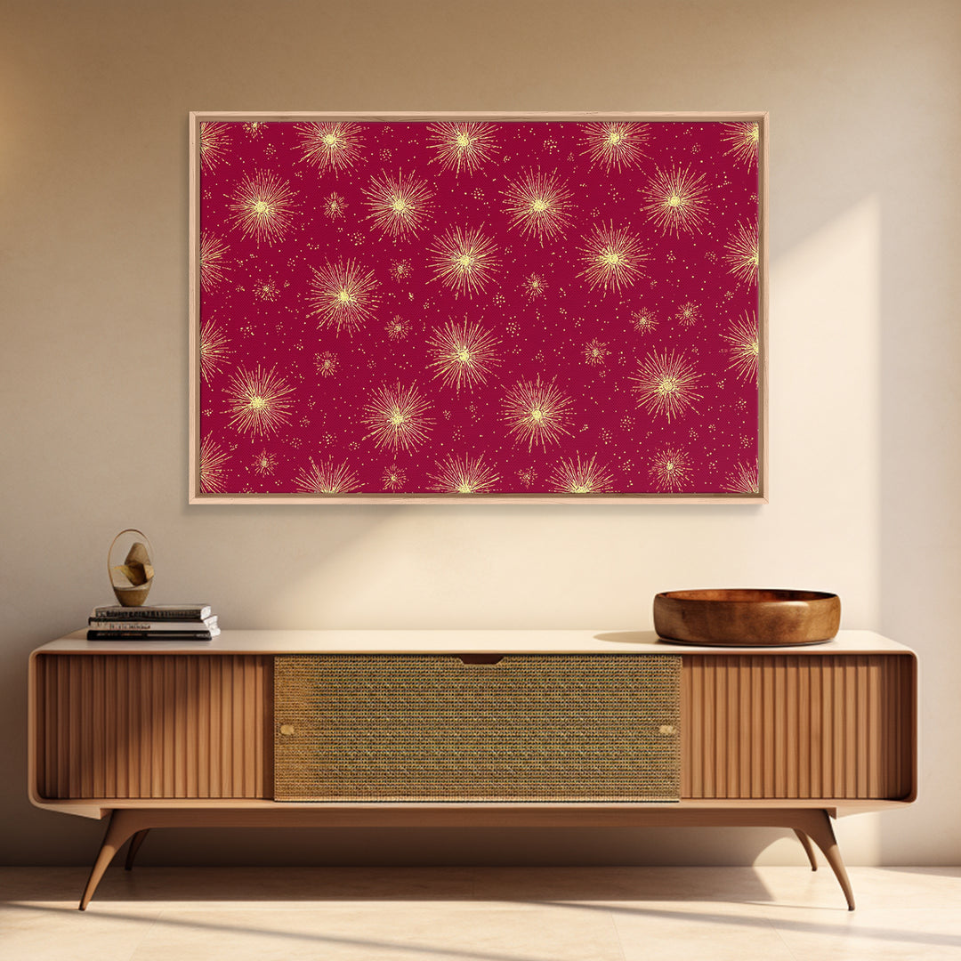 Burgundy Gold Starburst Pattern Wall Art, Mid Century Modern Decor, Retro Atomic Poster, Red Wall Decor, MCM Geometric Art Print