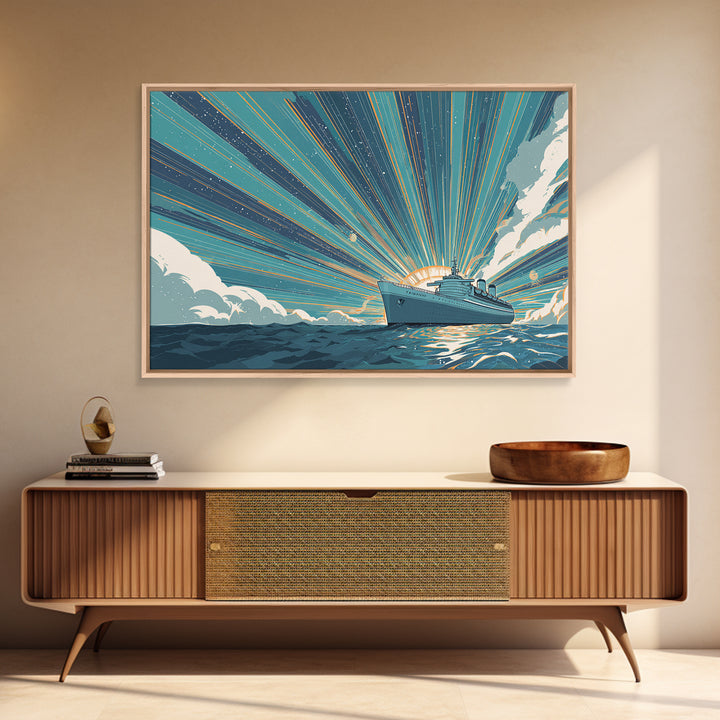 Ocean Liner Sunrise Ray Wall Art, Retro Travel Poster, Nautical Decor, Art Deco Cruise Ship Print, Coastal Living Room Decor