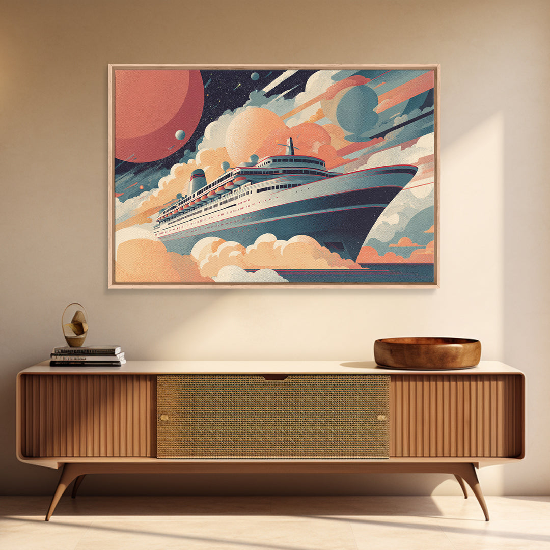 Space Cruise Ship With Planets Wall Art, Retro Sci Fi Poster, Mid Century Modern Decor, Celestial Travel Print, Cosmic Art
