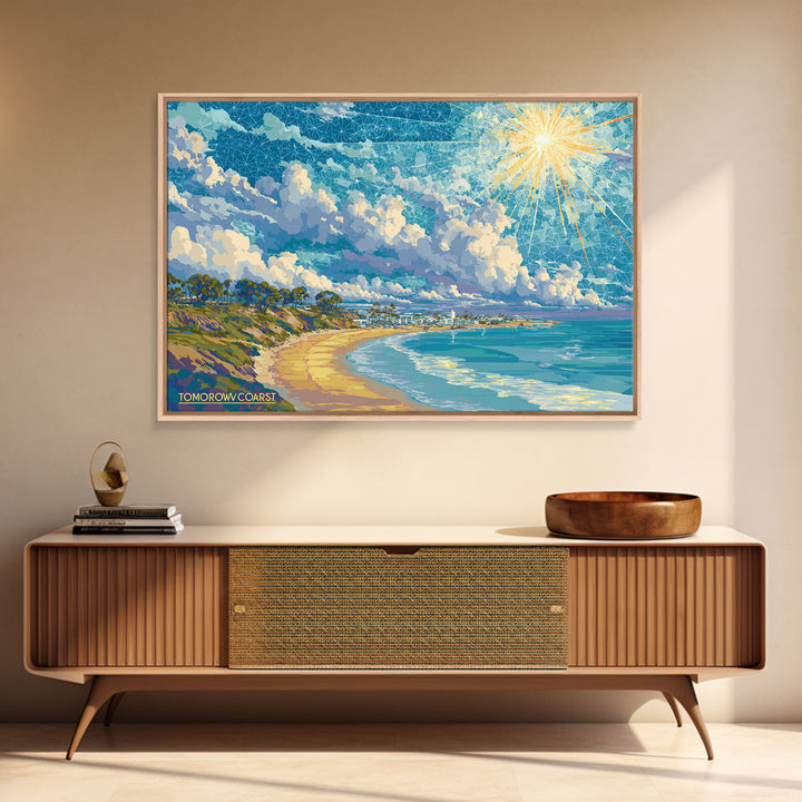 Sunny California Coast Beach Wall Art, Ocean Landscape Poster, Blue Modern Home Decor, Travel Inspired Framed Canvas Print