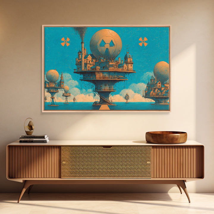 Floating Nuclear City Wall Art, Retro Sci Fi Poster, Industrial Dystopian Decor, Teal Orange Canvas Print, Statement Art