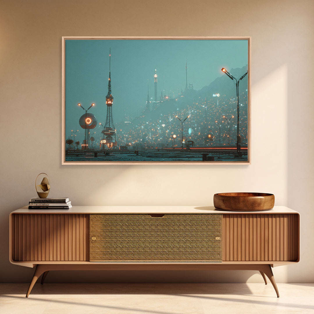 Foggy Futuristic Teal City Towers Wall Art, Midcentury Modern Sci Fi Skyline, Retro Urban Poster, MCM Office Decor, Modern Wall Decor