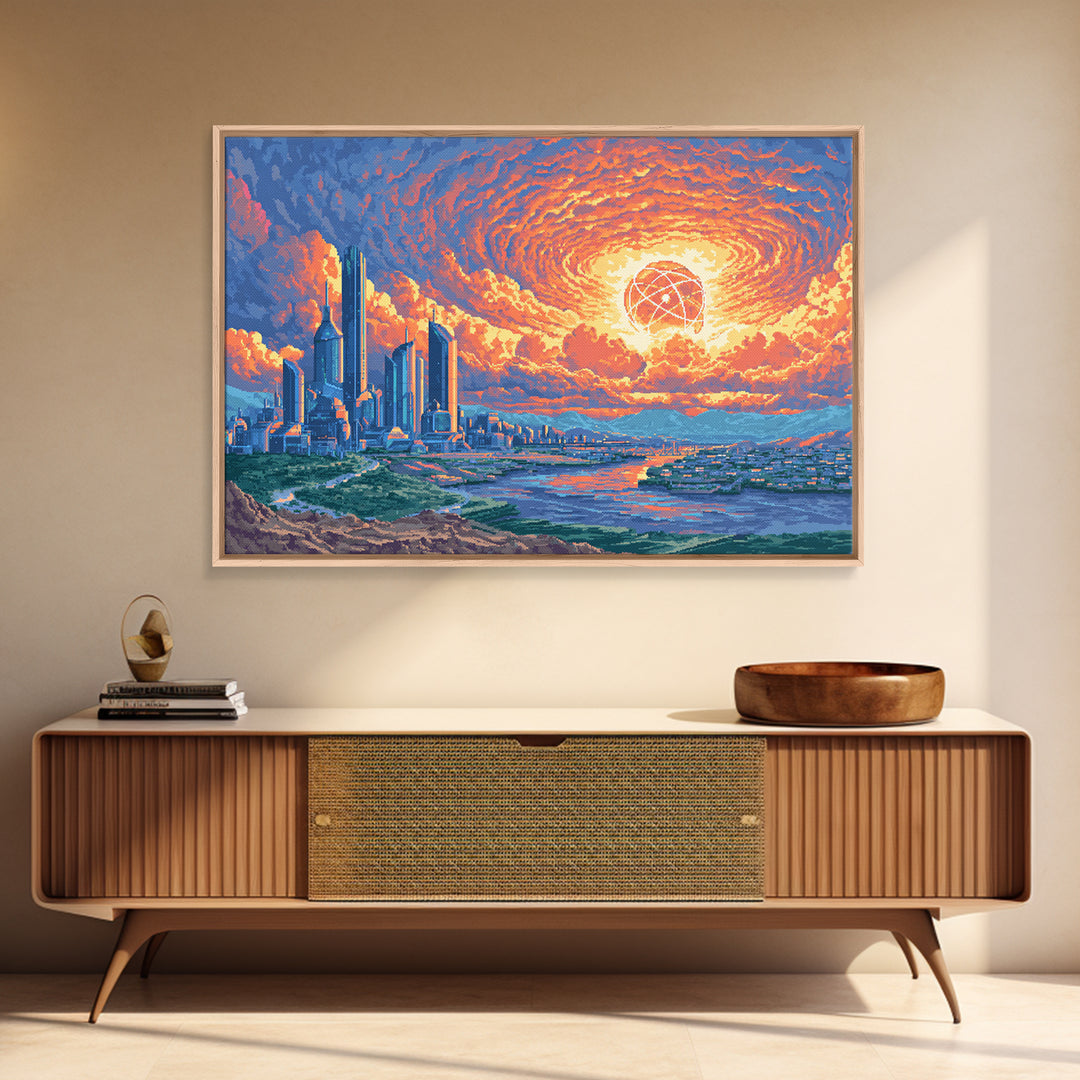 Atomic Sunset Futuristic City Canvas Print, Midcentury Modern Wall Art, Retro Sci Fi Skyline Poster, Colorful MCM Decor