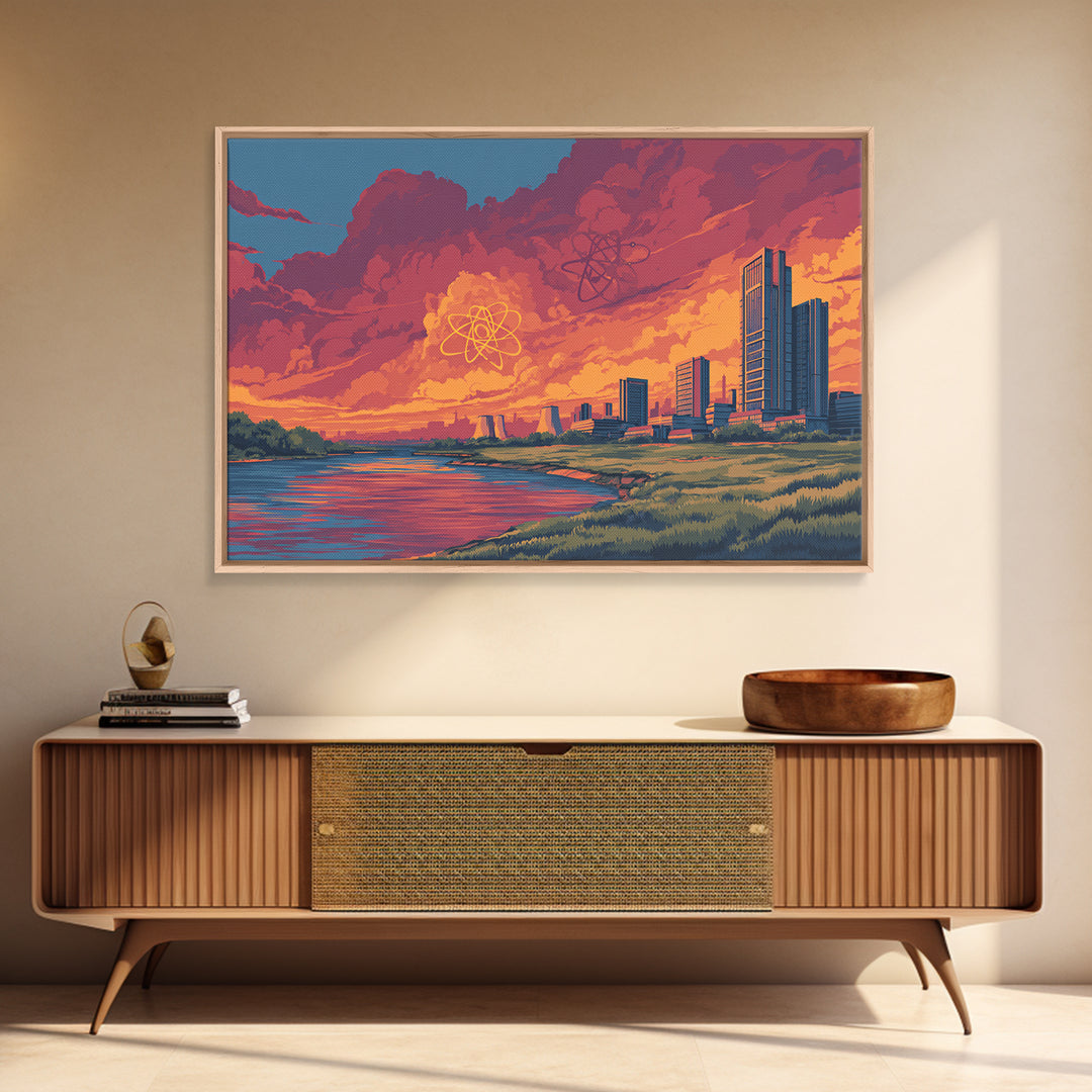 Red Cloud Atomic Waterfront Skyline Wall Art, Midcentury Modern Canvas Print, Retro Sci Fi Sunset Poster, Colorful Home Decor