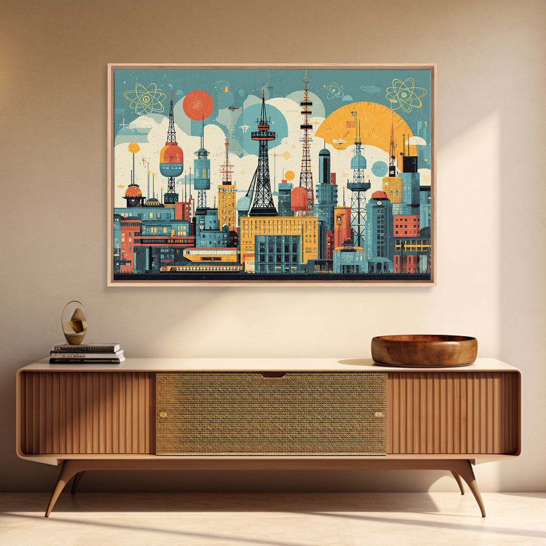 Retro Radio Tower City Collage Wall Art, Midcentury Modern Print, Atomic Skyline Poster, Geometric Urban Home Decor, MCM Office Decor
