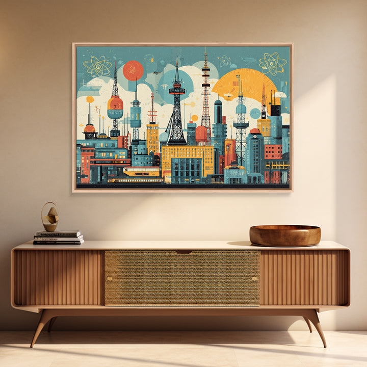 Retro Radio Tower City Collage Wall Art, Midcentury Modern Print, Atomic Skyline Poster, Geometric Urban Home Decor, MCM Office Decor