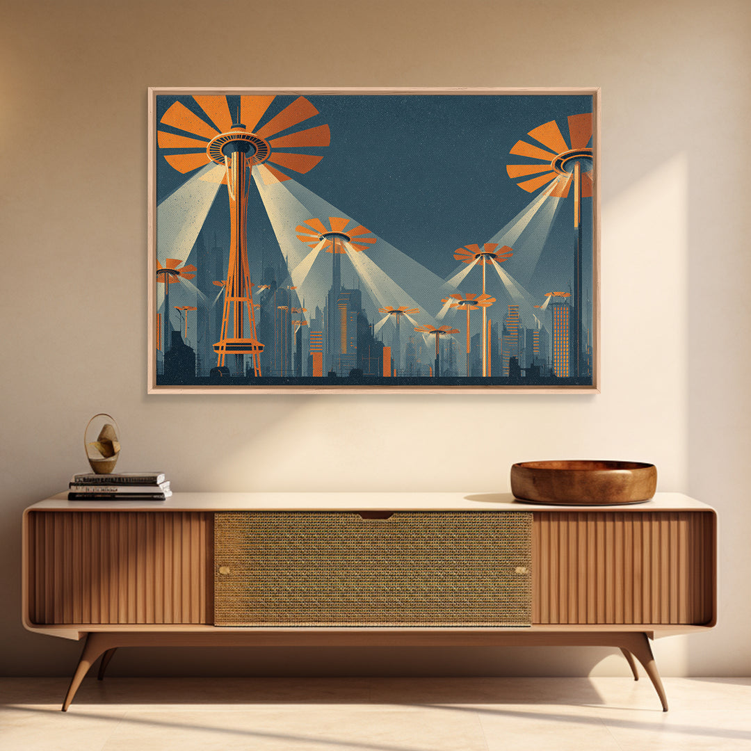 UFO Searchlight Future City Wall Art, Midcentury Modern Sci Fi Poster, Retro Space Needle Skyline, Orange MCM Decor, Modern Wall Decor