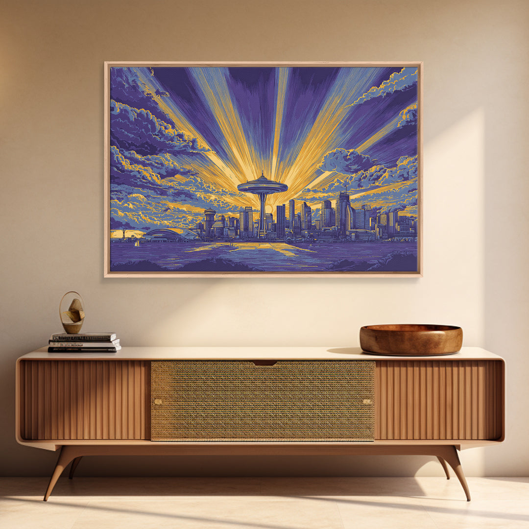 Seattle Space Needle Sunburst Wall Art, Midcentury Modern Canvas Print, Retro Skyline Poster, Purple Yellow MCM Home Decor
