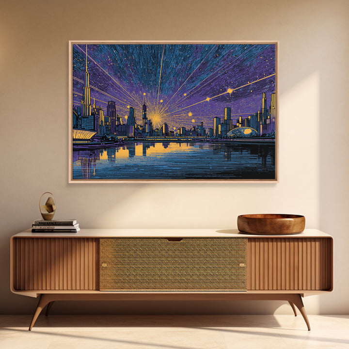 Futuristic Skyline Meteor Shower Wall Art, Midcentury Modern Sci Fi City Poster, Blue Gold Urban Decor, MCM Office Print