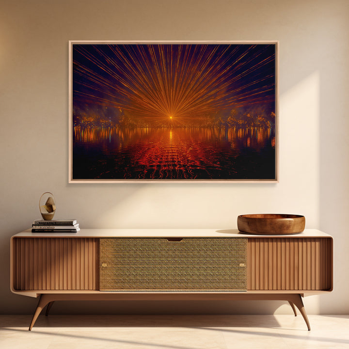 Orange Laser Sunset Over Water Wall Art, Modern Abstract Sci Fi Landscape, Retro Futuristic Poster, Large MCM Office Decor