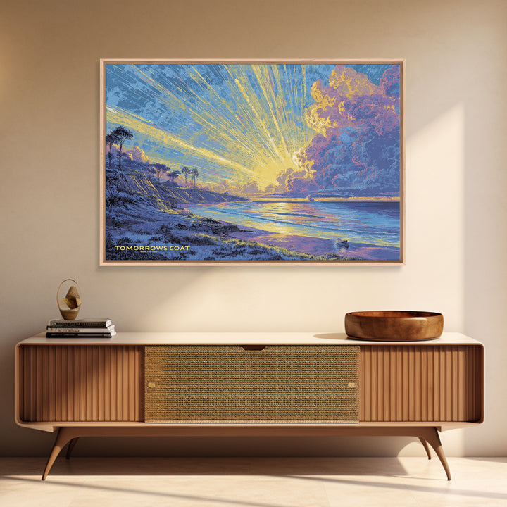 Radiant Coastal Sunset With Palm Trees Wall Art, Ocean Sunrise Landscape, Blue Yellow Beach Decor, Scenic Framed Canvas Print