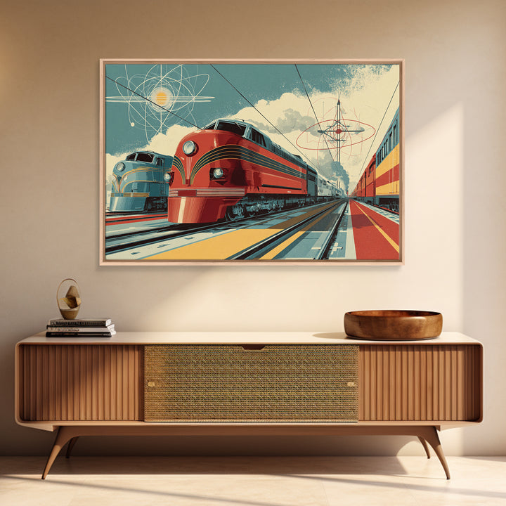 Red Streamliner Train Station Wall Art, Retro Futurism Poster, Mid Century Modern Decor, Atomic Railroad Print, Office Wall Decor