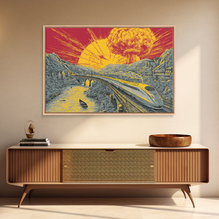 Nuclear Bullet Train Landscape Canvas Print, Apocalyptic Retro Poster, Sci Fi Wall Decor, Dramatic Yellow Art, Modern Wall Art
