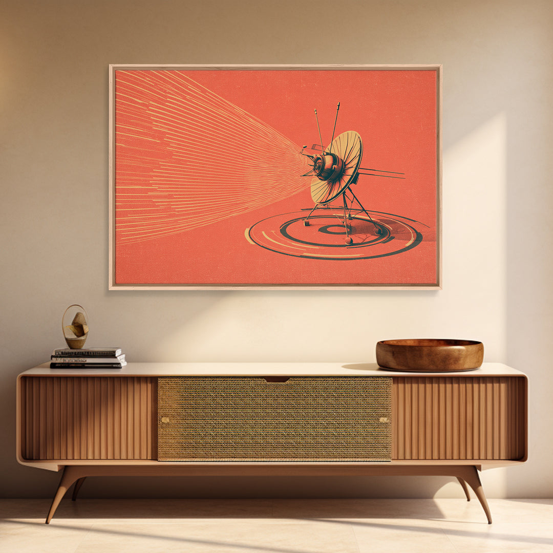 Orange Satellite Dish Signal Canvas Print, Retro Futurism Space Poster, Atomic Midcentury Decor, Minimalist Wall Art For Office