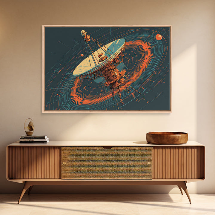 Deep Space Radio Telescope Canvas Print, Teal Orange Retro Futurism Poster, Orbital Lines Art, Midcentury Modern Wall Decor