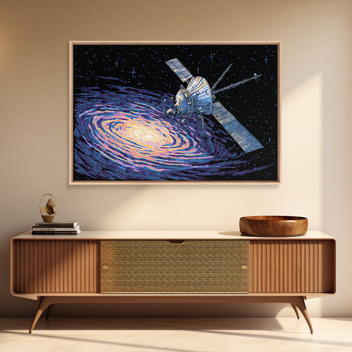 Galaxy Probe Over Vortex Framed Canvas Print, Starry Sci Fi Poster, Retro Space Abstract Art, Blue Wall Decor For Office