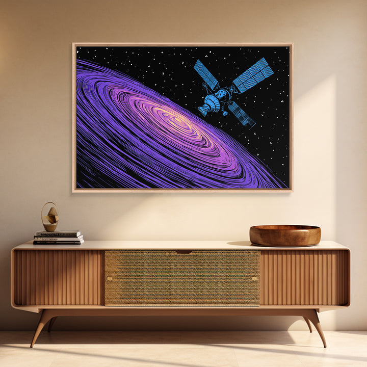 Purple Galaxy Satellite Canvas Print, Retro Sci Fi Space Poster, Cosmic Abstract Art, Blue Black Wall Decor, Modern Art Print
