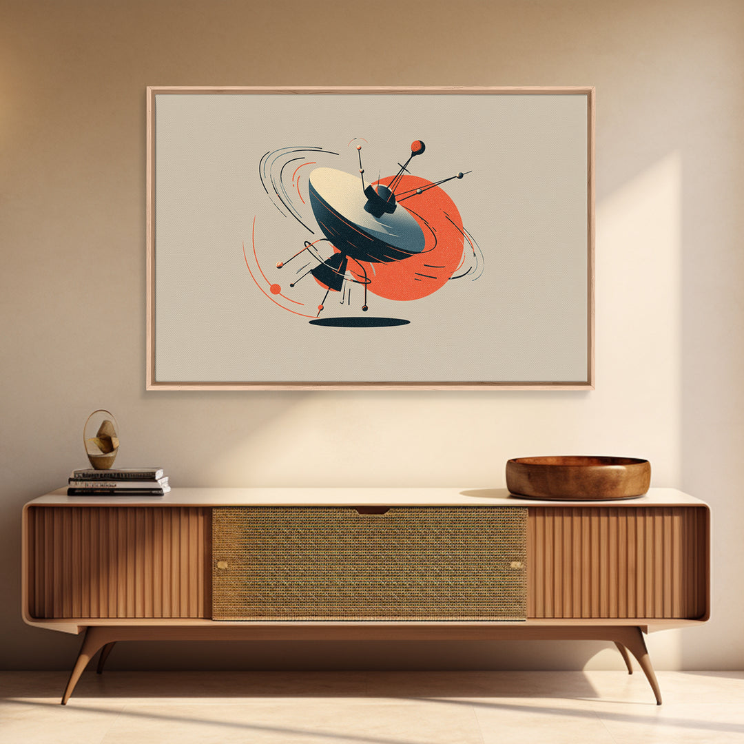 Atomic Sputnik Satellite Sculpture Wall Art, Mid Century Modern Poster, Orange Beige Retro Print, Geometric Space Home Decor