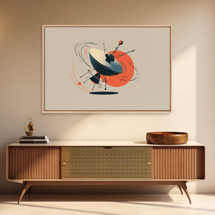 Atomic Sputnik Satellite Sculpture Wall Art, Mid Century Modern Poster, Orange Beige Retro Print, Geometric Space Home Decor
